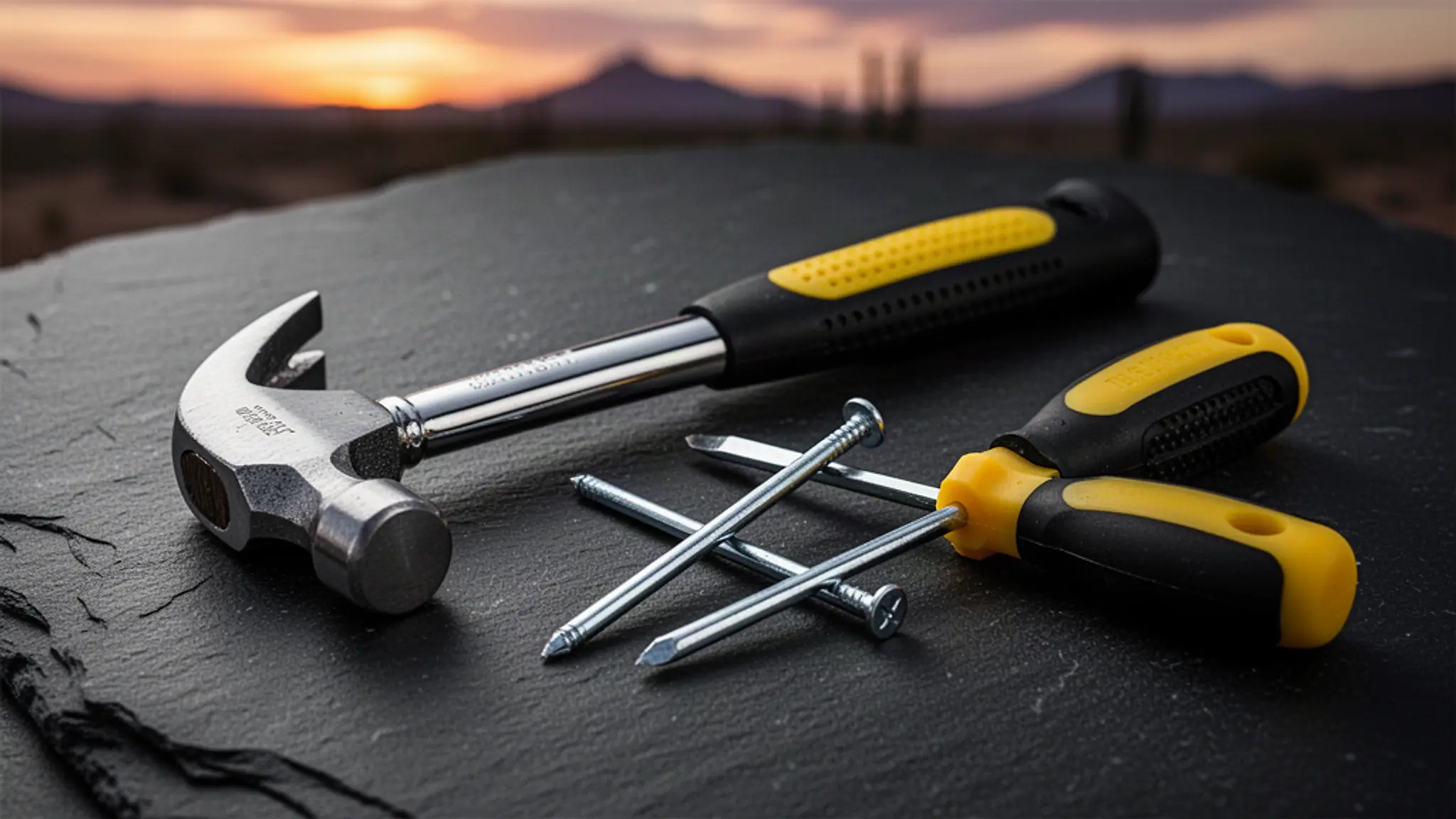 Chrome claw hammer, steel nails and a yellow-handled screwdriver on dark stone with a desert sunset behind